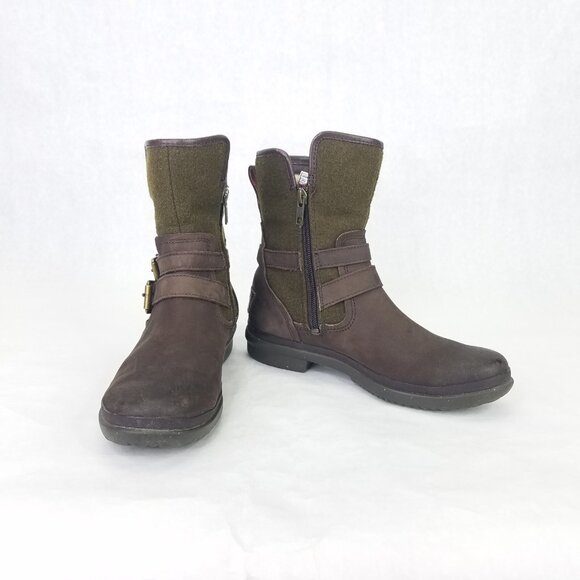 UGG Simmens Boots Women 6 Leather Waterproof Brown Olive Shearling Lining Zip Up - Picture 2 of 16